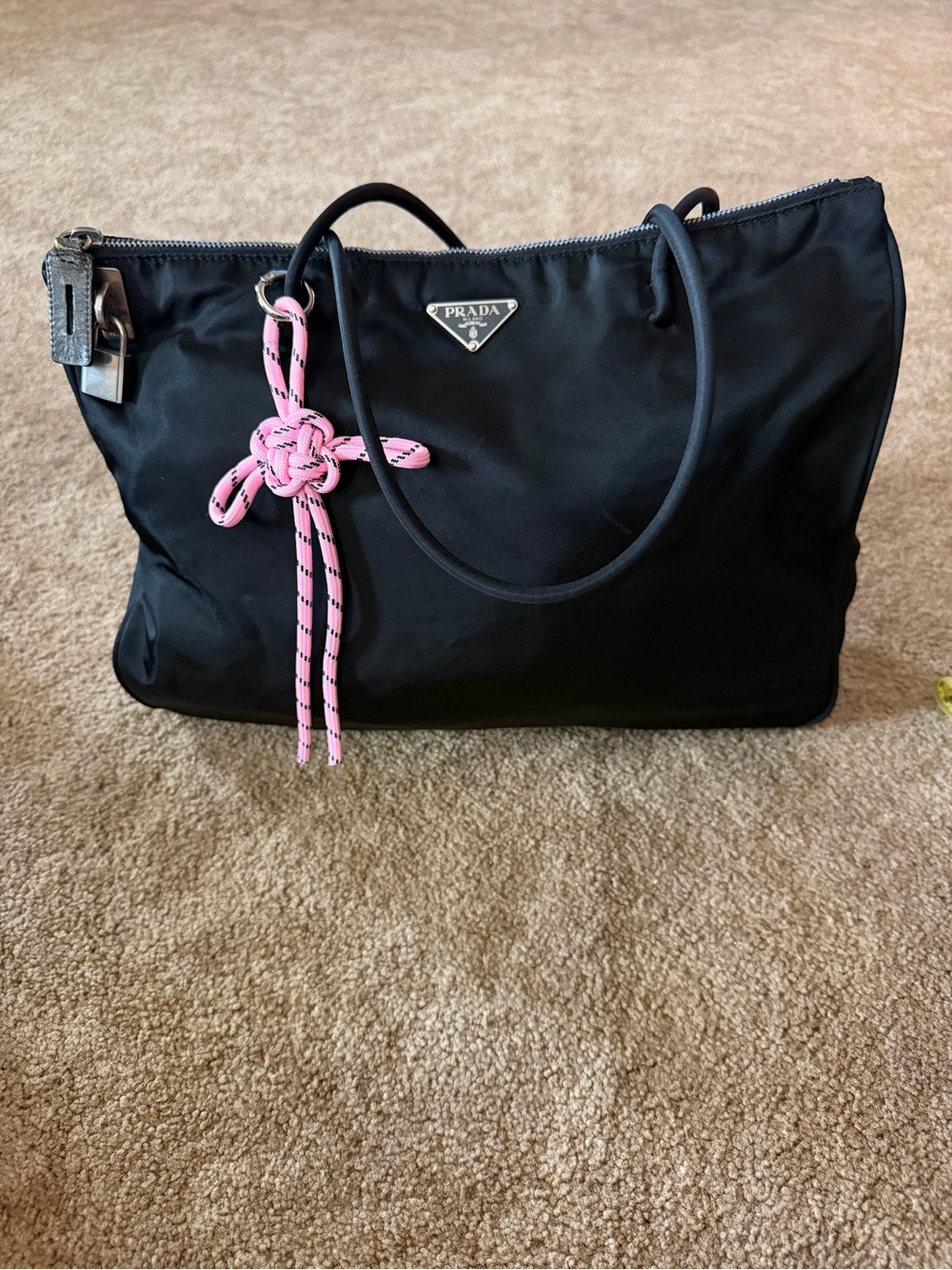 PRADA Black Nylon Shoulder Bag/Tote w/Padlock & Unbranded Pink Rope Bag Charm.